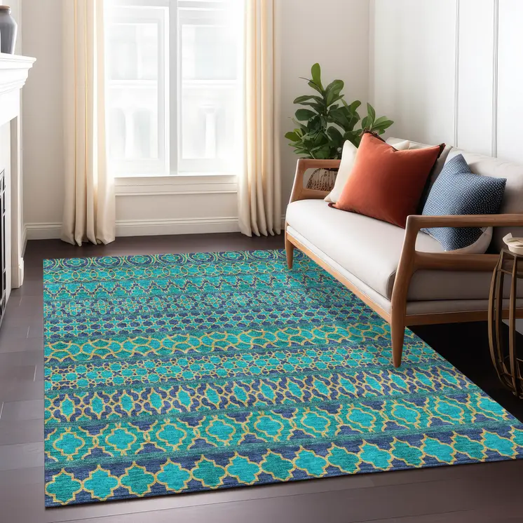 3' X 5' Teal Blue And Navy Blue Quatrefoil Washable Indoor Outdoor Area Rug