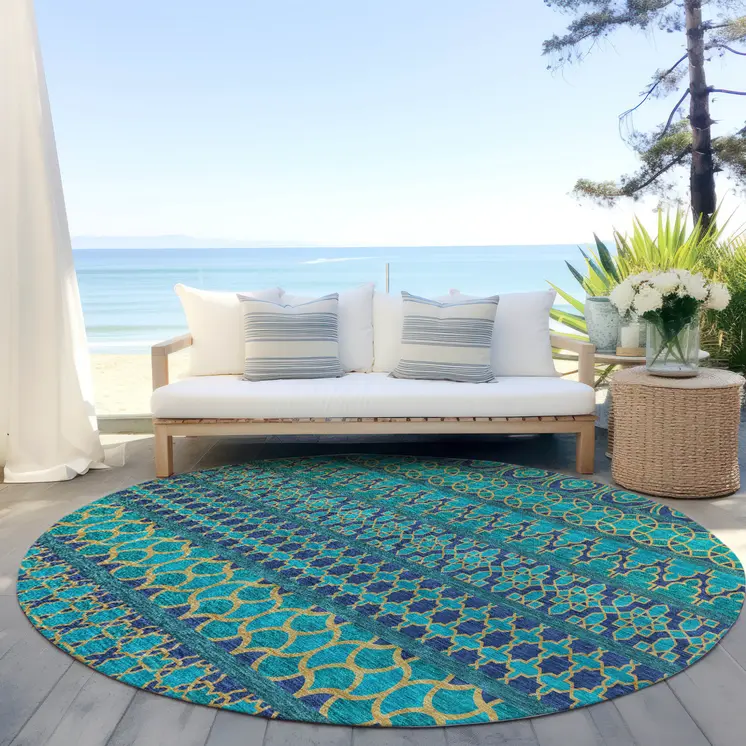 8' Teal Blue And Navy Blue Round Quatrefoil Washable Indoor Outdoor Area Rug
