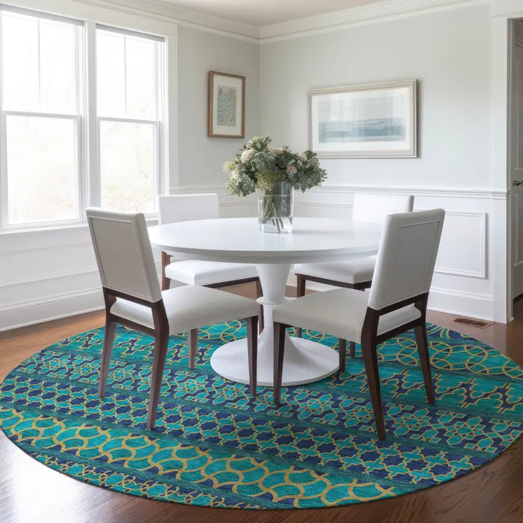 8' Teal Blue And Navy Blue Round Quatrefoil Washable Indoor Outdoor Area Rug