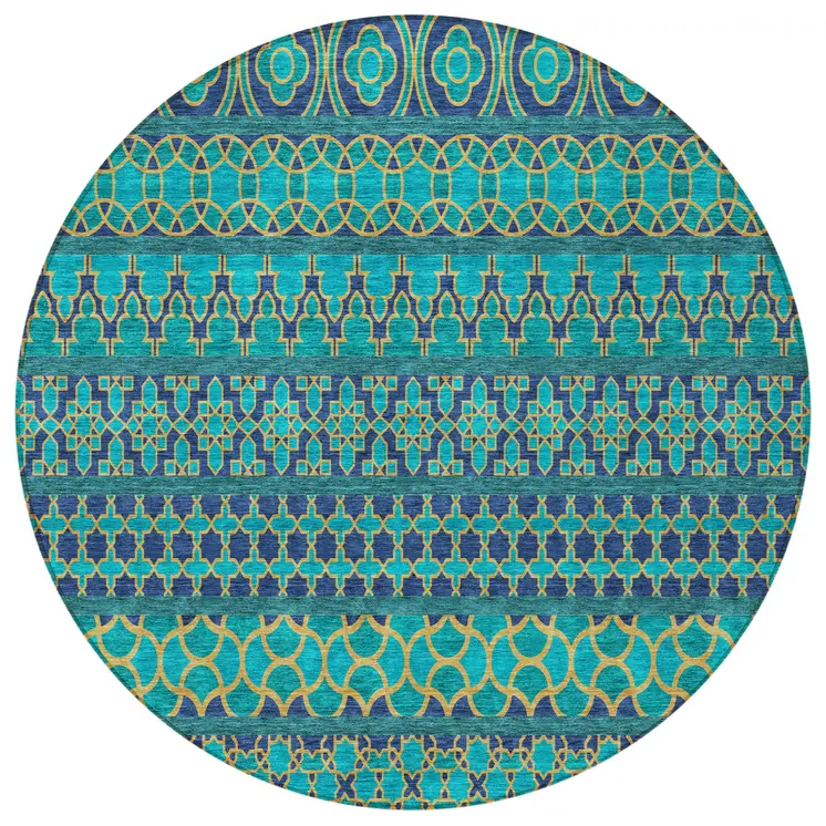 8' Teal Blue And Navy Blue Round Quatrefoil Washable Indoor Outdoor Area Rug