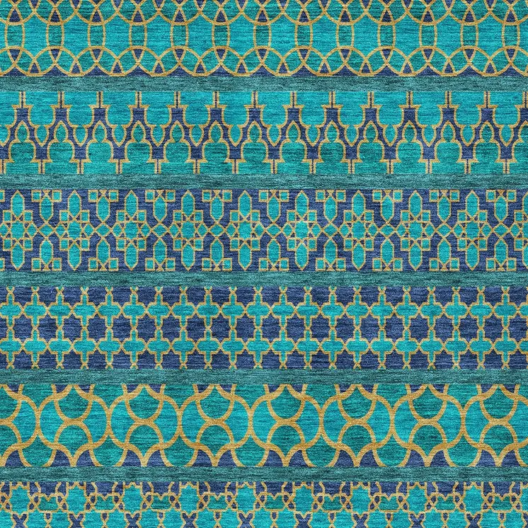 8' X 10' Teal Blue And Navy Blue Quatrefoil Washable Indoor Outdoor Area Rug