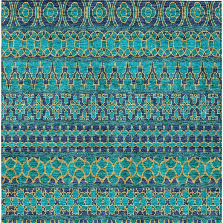 9' X 12' Teal Blue And Navy Blue Quatrefoil Washable Indoor Outdoor Area Rug