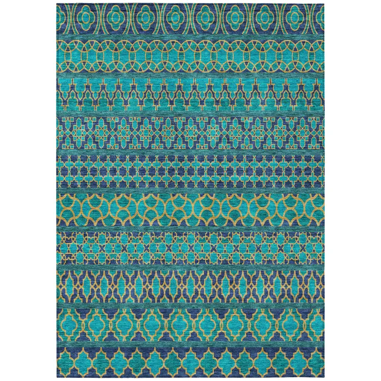9' X 12' Teal Blue And Navy Blue Quatrefoil Washable Indoor Outdoor Area Rug