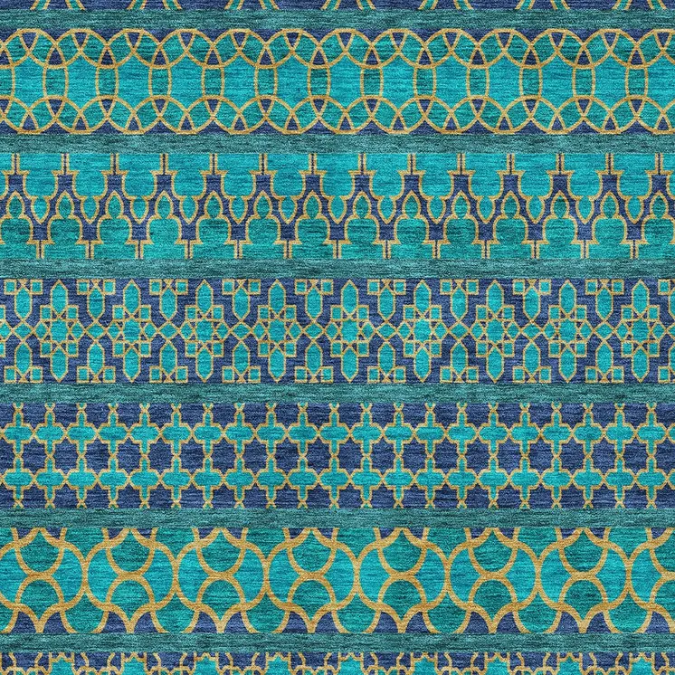 9' X 12' Teal Blue And Navy Blue Quatrefoil Washable Indoor Outdoor Area Rug