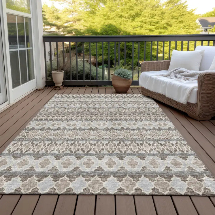 3' X 5' Taupe Beige And Gray Quatrefoil Washable Indoor Outdoor Area Rug