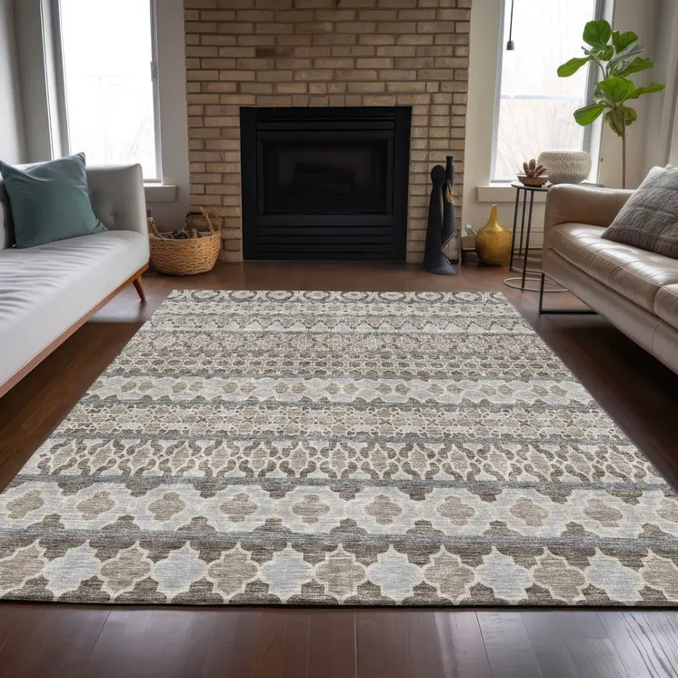 3' X 5' Taupe Beige And Gray Quatrefoil Washable Indoor Outdoor Area Rug