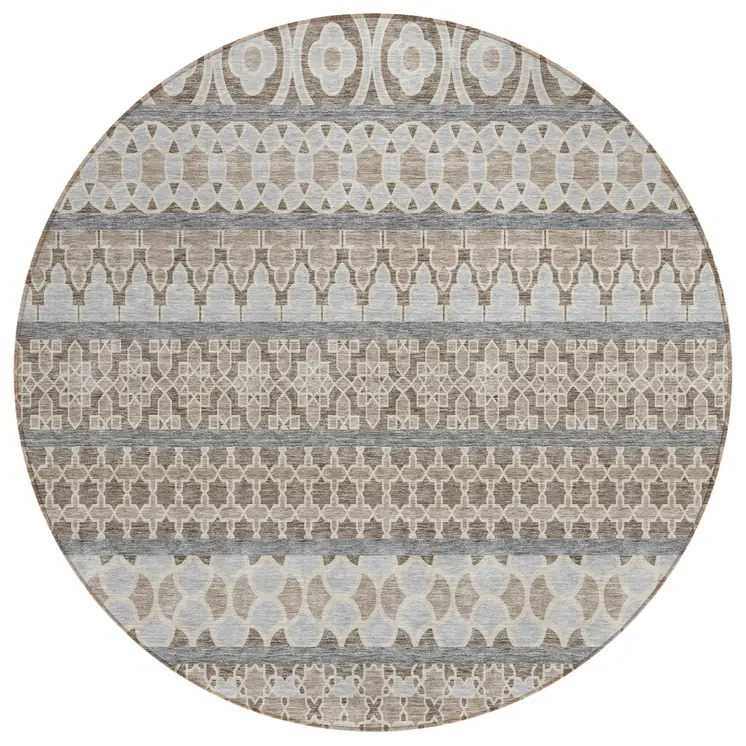 8' Taupe Beige And Gray Round Quatrefoil Washable Indoor Outdoor Area Rug