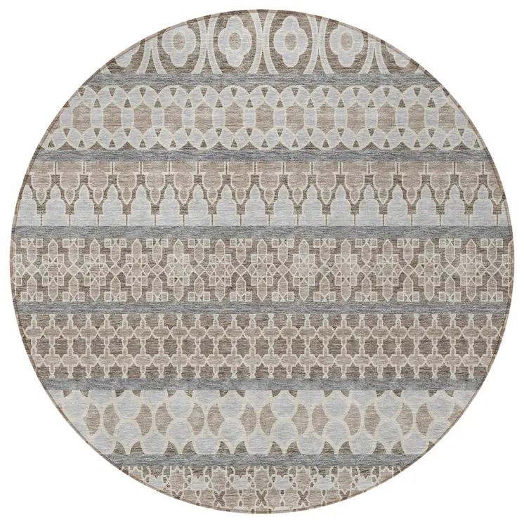 8' Taupe Beige And Gray Round Quatrefoil Washable Indoor Outdoor Area Rug