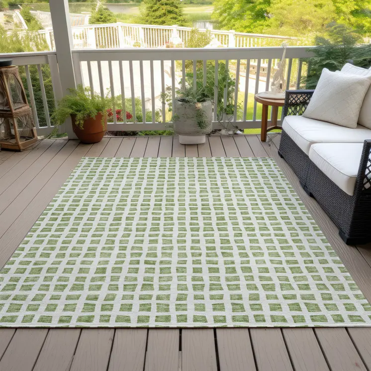3' X 5' Artichoke Green And Ivory Geometric Washable Indoor Outdoor Area Rug