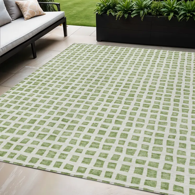 5' X 8' Artichoke Green And Ivory Geometric Washable Indoor Outdoor Area Rug