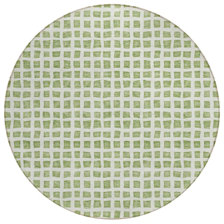 8' Artichoke Green And Ivory Round Geometric Washable Indoor Outdoor Area Rug