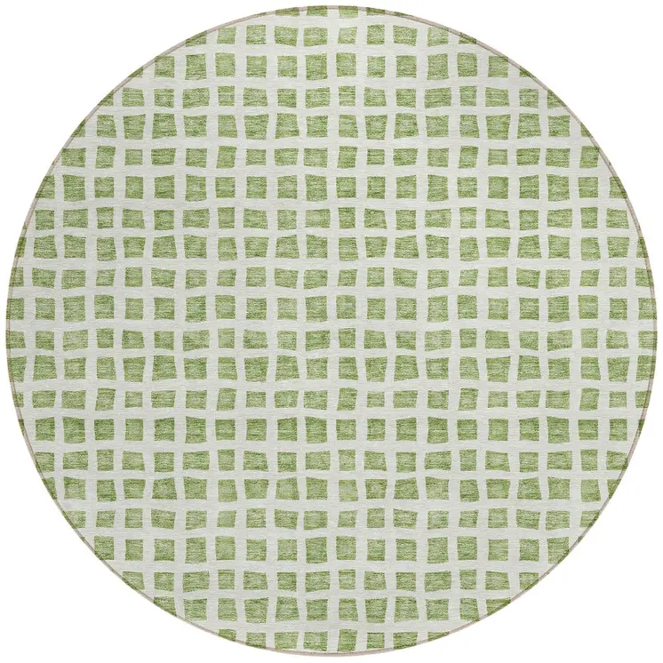 8' Artichoke Green And Ivory Round Geometric Washable Indoor Outdoor Area Rug