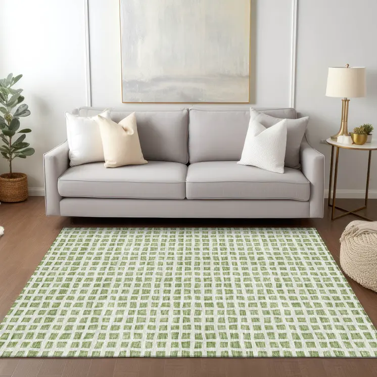 10' X 14' Artichoke Green And Ivory Geometric Washable Indoor Outdoor Area Rug
