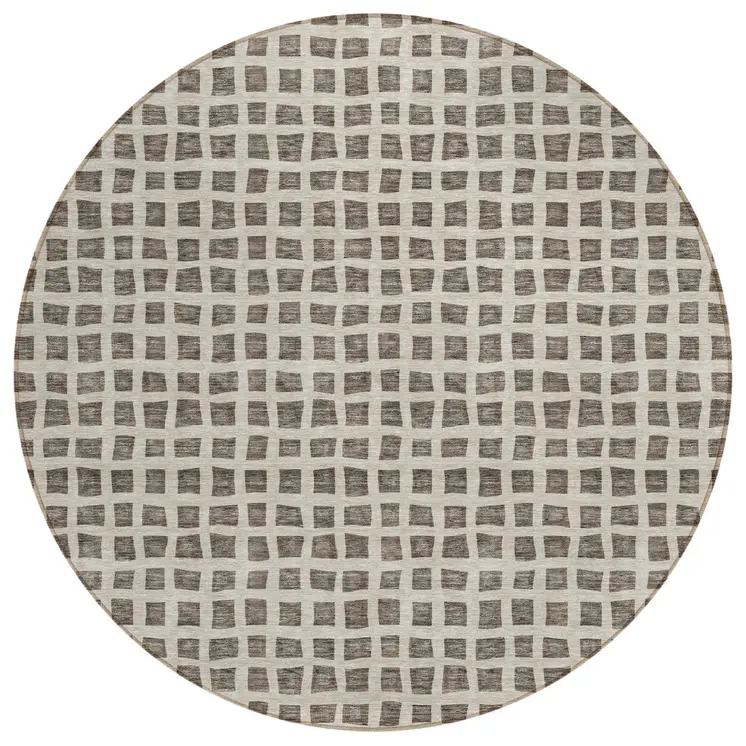 8' Brown Taupe And Ivory Round Geometric Washable Indoor Outdoor Area Rug