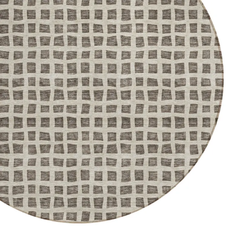 8' Brown Taupe And Ivory Round Geometric Washable Indoor Outdoor Area Rug