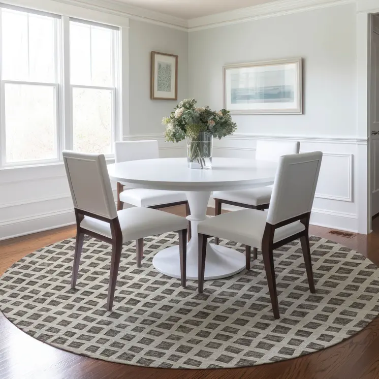 8' Brown Taupe And Ivory Round Geometric Washable Indoor Outdoor Area Rug