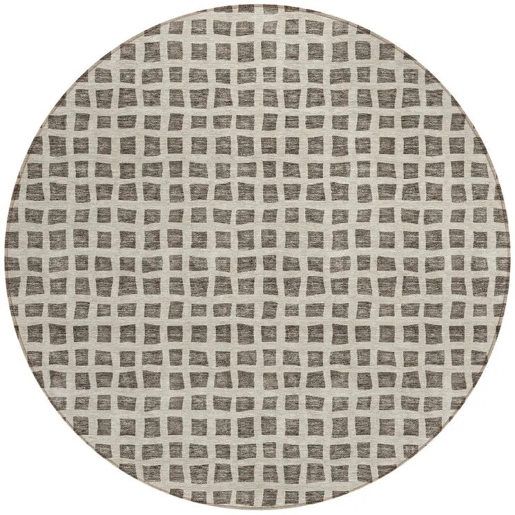8' Brown Taupe And Ivory Round Geometric Washable Indoor Outdoor Area Rug