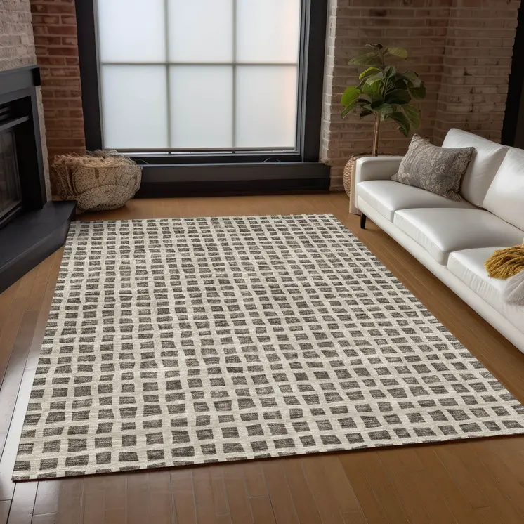 9' X 12' Brown Taupe And Ivory Geometric Washable Indoor Outdoor Area Rug