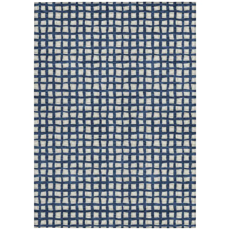 5' X 8' Navy Blue And Ivory Geometric Washable Indoor Outdoor Area Rug