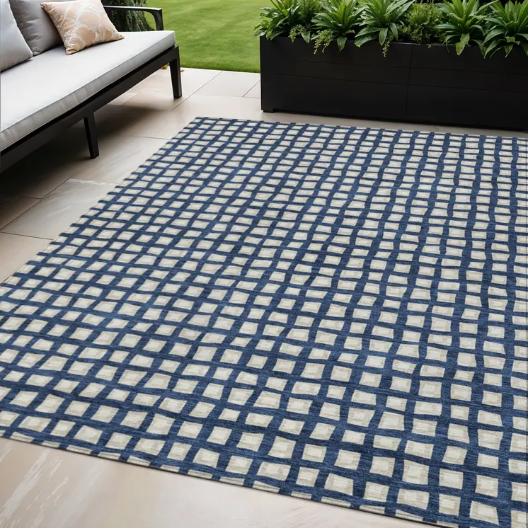 5' X 8' Navy Blue And Ivory Geometric Washable Indoor Outdoor Area Rug