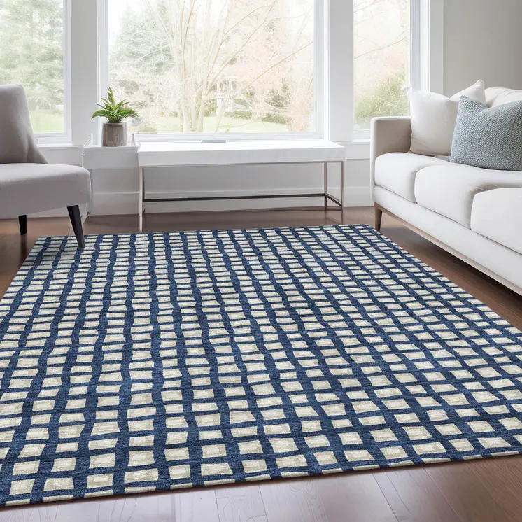 5' X 8' Navy Blue And Ivory Geometric Washable Indoor Outdoor Area Rug