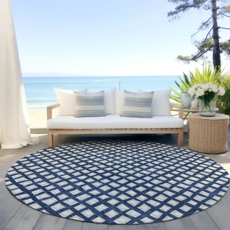 8' Navy Blue And Ivory Round Geometric Washable Indoor Outdoor Area Rug