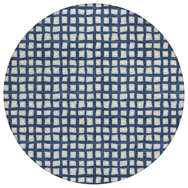 8' Navy Blue And Ivory Round Geometric Washable Indoor Outdoor Area Rug