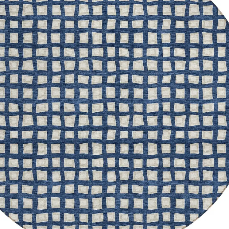 8' Navy Blue And Ivory Round Geometric Washable Indoor Outdoor Area Rug
