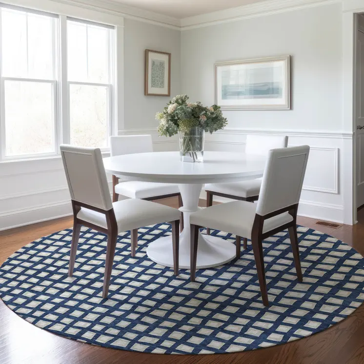 8' Navy Blue And Ivory Round Geometric Washable Indoor Outdoor Area Rug