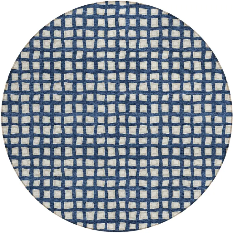 8' Navy Blue And Ivory Round Geometric Washable Indoor Outdoor Area Rug