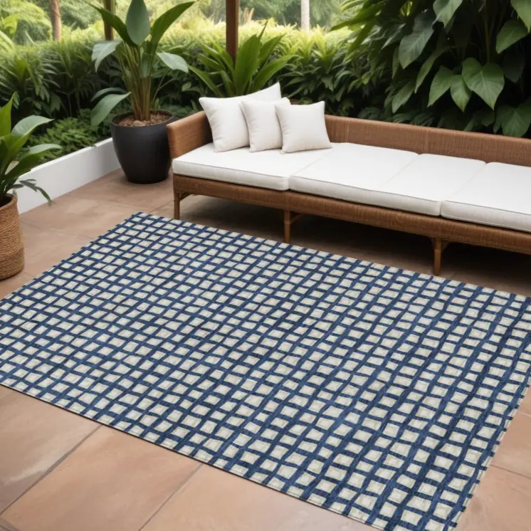 9' X 12' Navy Blue And Ivory Geometric Washable Indoor Outdoor Area Rug