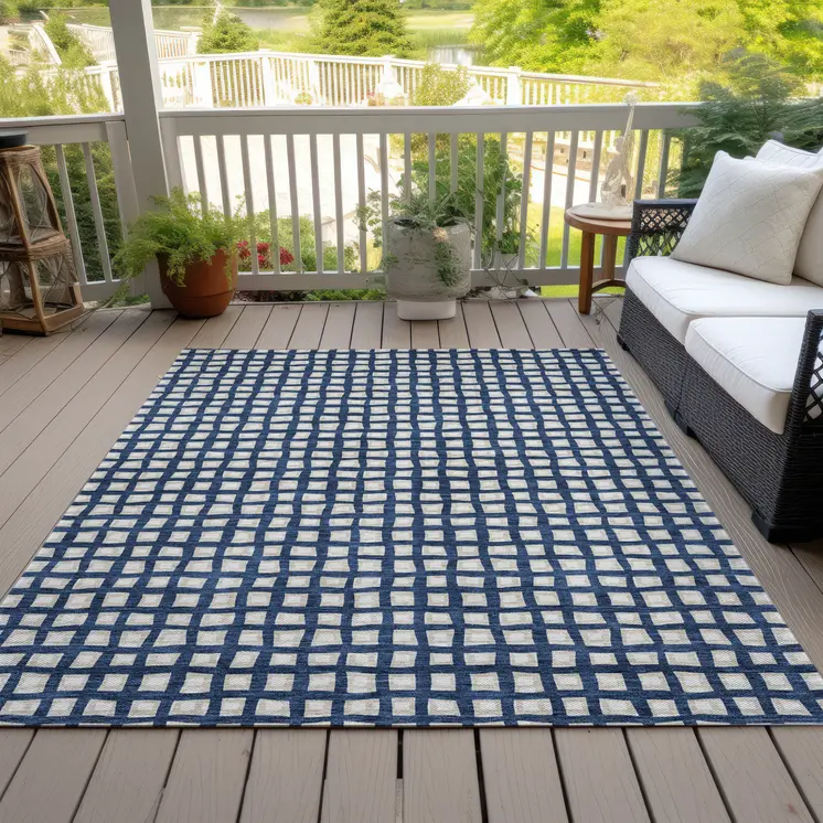 9' X 12' Navy Blue And Ivory Geometric Washable Indoor Outdoor Area Rug