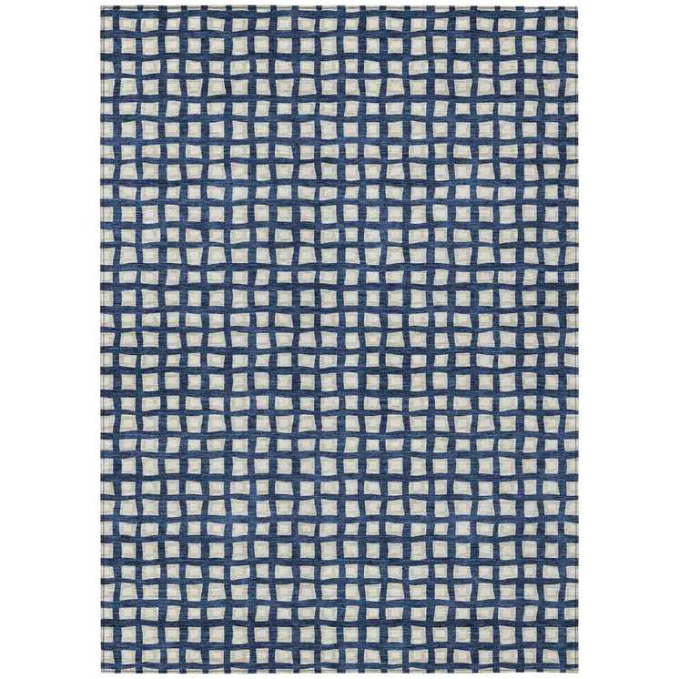 9' X 12' Navy Blue And Ivory Geometric Washable Indoor Outdoor Area Rug