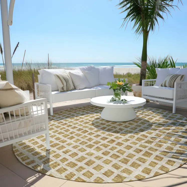 8' Gold And Beige Round Geometric Washable Indoor Outdoor Area Rug