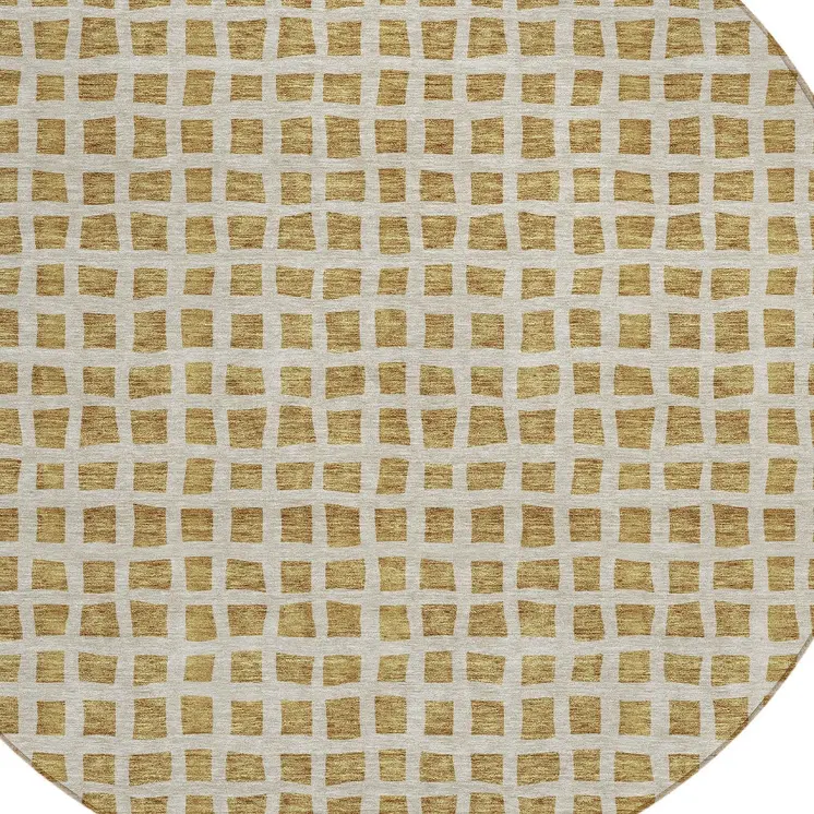 8' Gold And Beige Round Geometric Washable Indoor Outdoor Area Rug