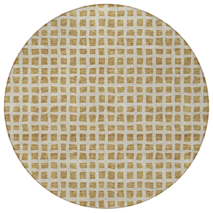8' Gold And Beige Round Geometric Washable Indoor Outdoor Area Rug
