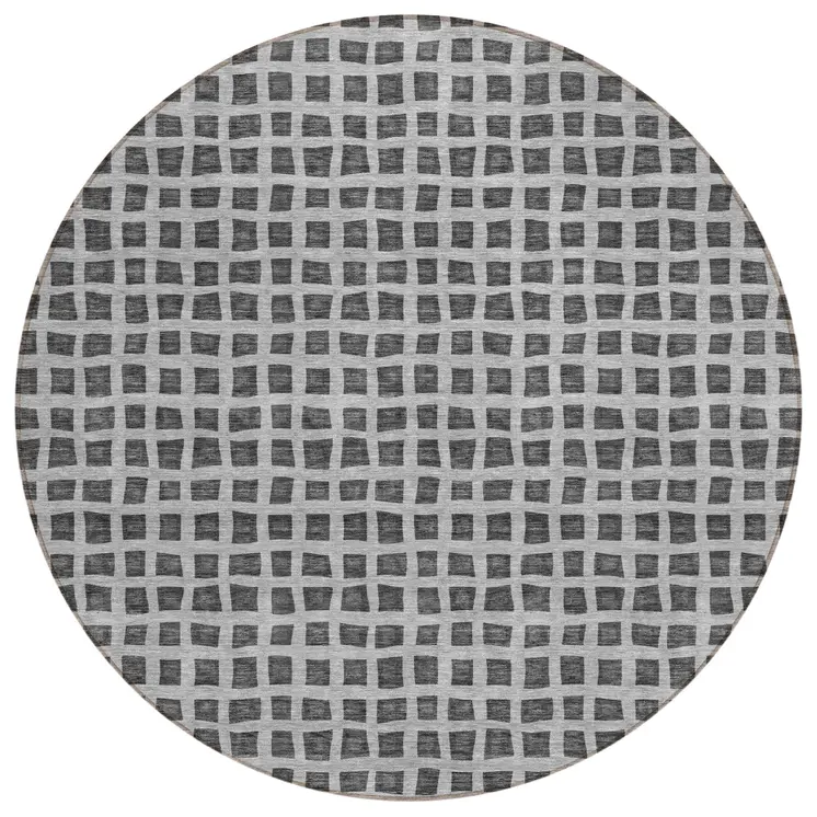 8' Graphite Gray And Silver Round Geometric Washable Indoor Outdoor Area Rug
