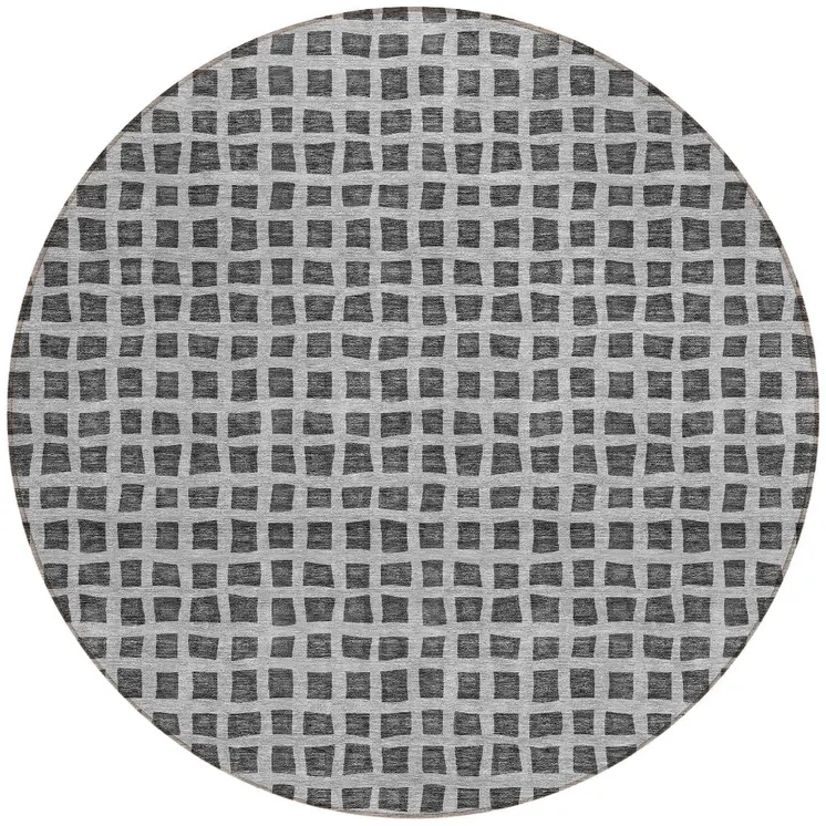 8' Graphite Gray And Silver Round Geometric Washable Indoor Outdoor Area Rug