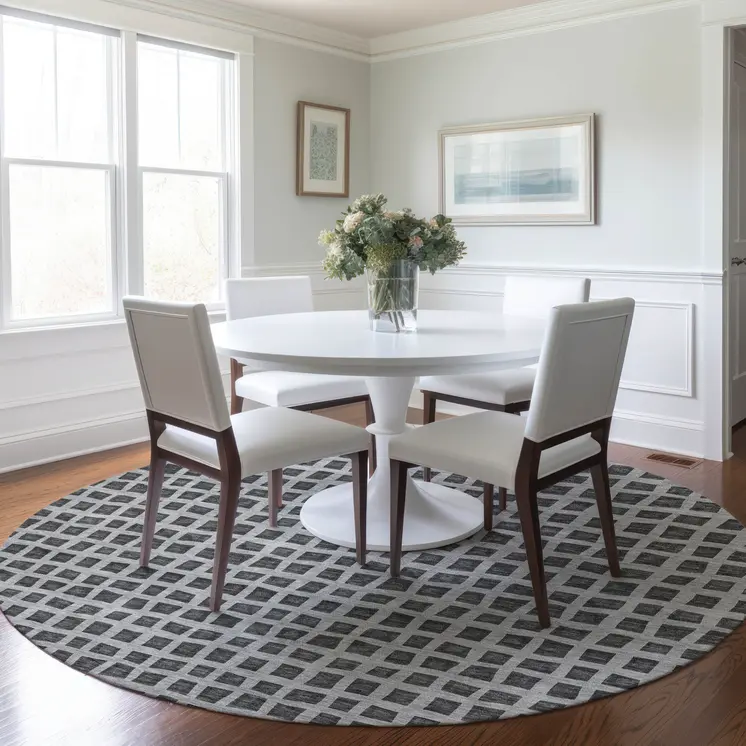 8' Graphite Gray And Silver Round Geometric Washable Indoor Outdoor Area Rug