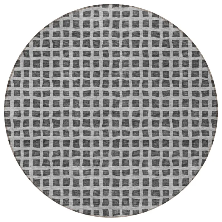 8' Graphite Gray And Silver Round Geometric Washable Indoor Outdoor Area Rug
