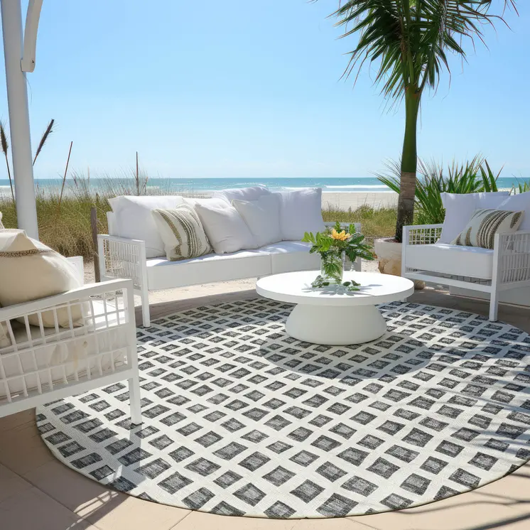 8' Gray Charcoal And Silver Round Geometric Washable Indoor Outdoor Area Rug