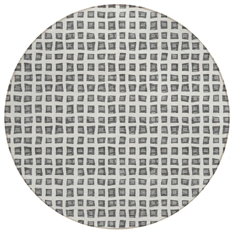 8' Gray Charcoal And Silver Round Geometric Washable Indoor Outdoor Area Rug