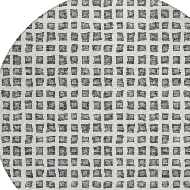 8' Gray Charcoal And Silver Round Geometric Washable Indoor Outdoor Area Rug