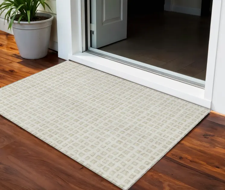 5' X 8' Ivory And Beige Geometric Washable Indoor Outdoor Area Rug