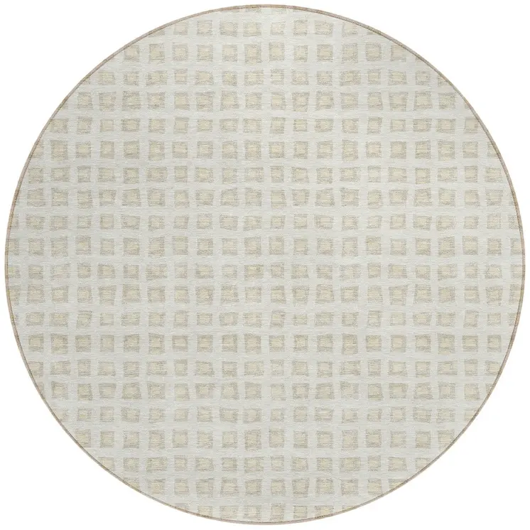 8' Ivory And Beige Round Geometric Washable Indoor Outdoor Area Rug