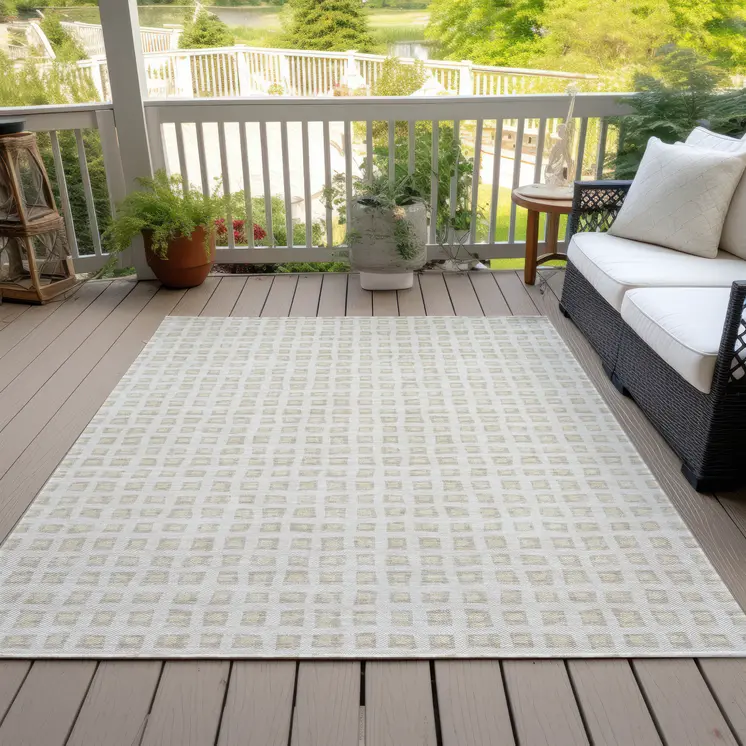 9' X 12' Ivory And Beige Geometric Washable Indoor Outdoor Area Rug