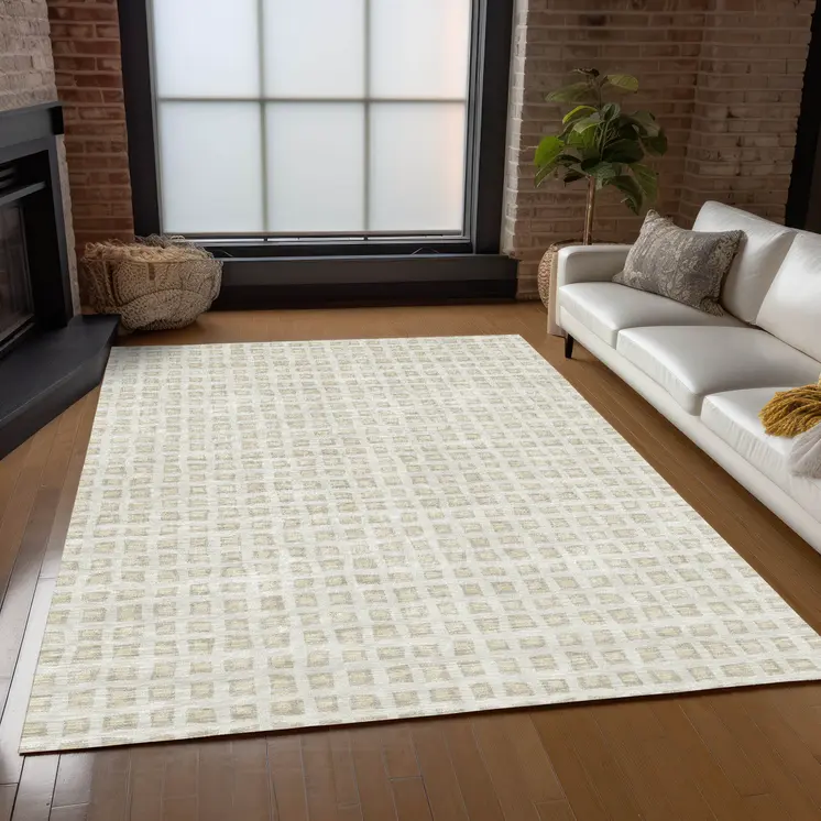 9' X 12' Ivory And Beige Geometric Washable Indoor Outdoor Area Rug