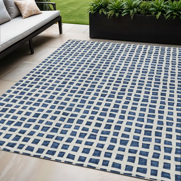 3' X 5' Navy Blue And Ivory Geometric Washable Indoor Outdoor Area Rug
