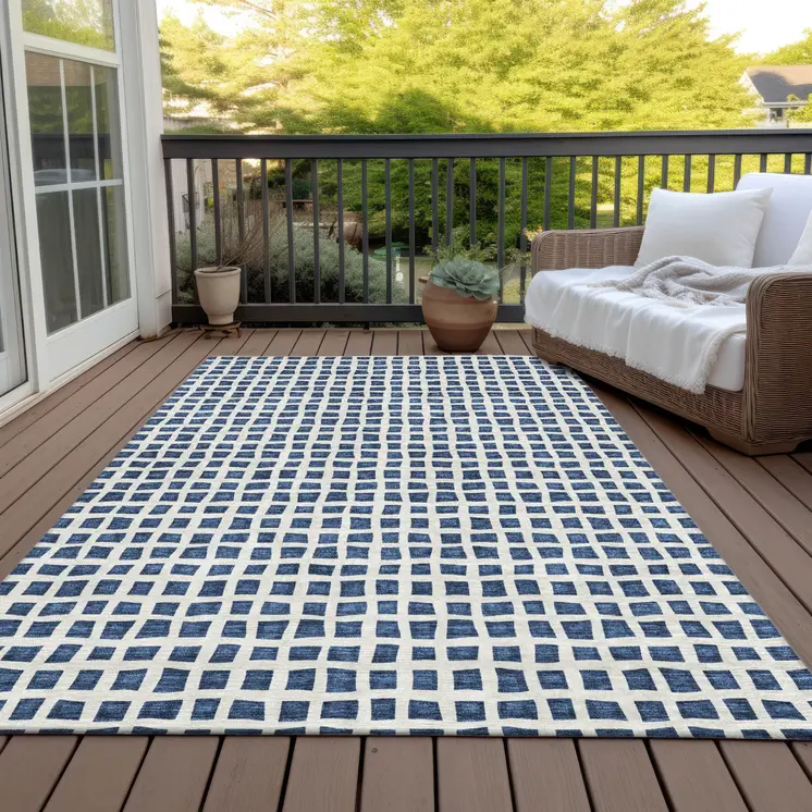 3' X 5' Navy Blue And Ivory Geometric Washable Indoor Outdoor Area Rug