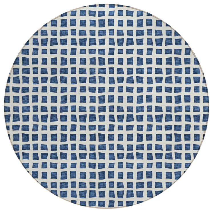 8' Navy Blue And Ivory Round Geometric Washable Indoor Outdoor Area Rug